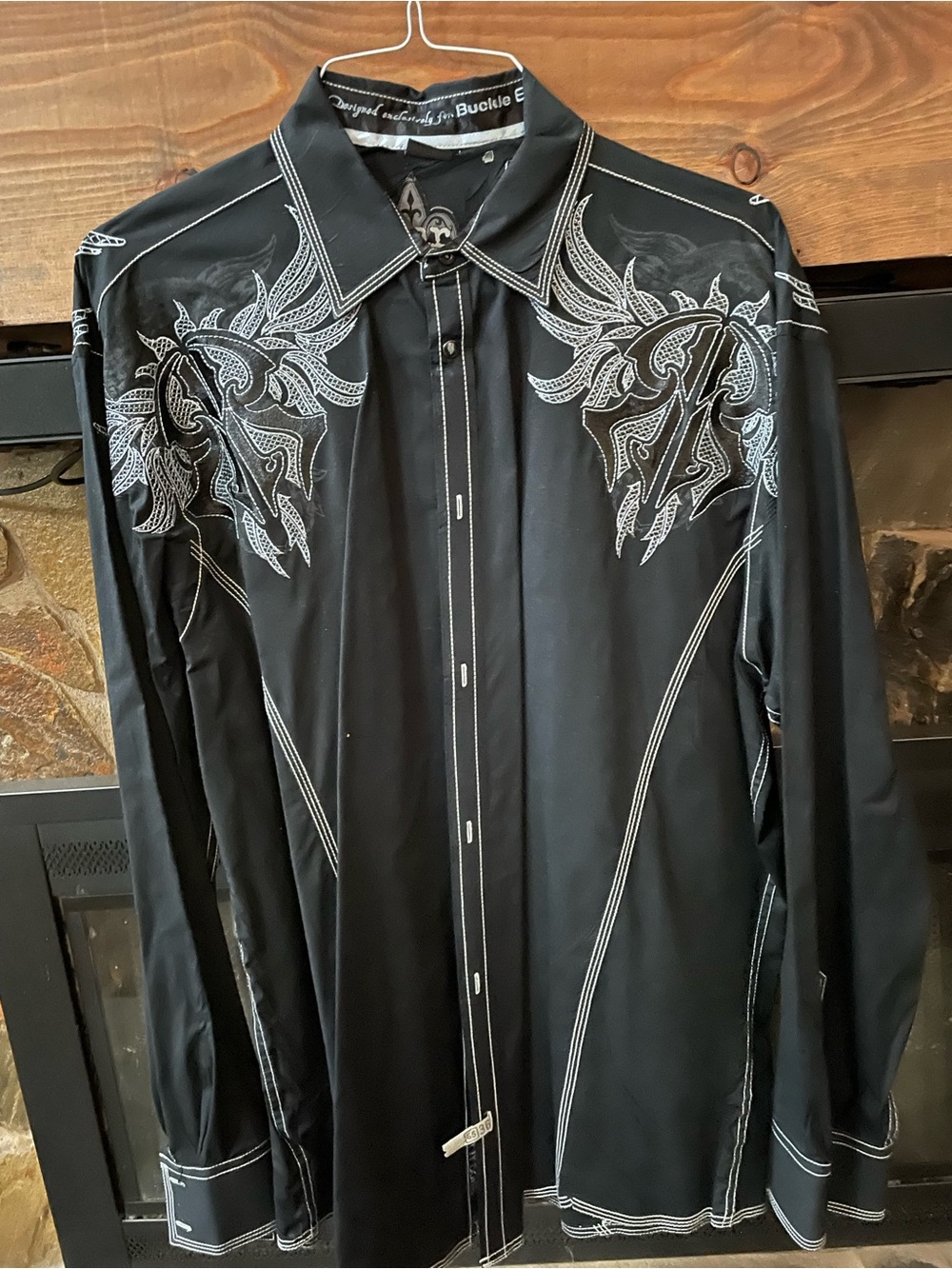 Buckle Black Shirt Jacket with White Embroidered Western Motif